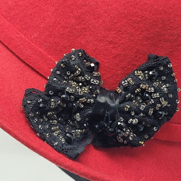 Galliano Sorbatti Red Wool‎ Cloche Hat Italy Black Beaded Bow Flapper Retro main image 9